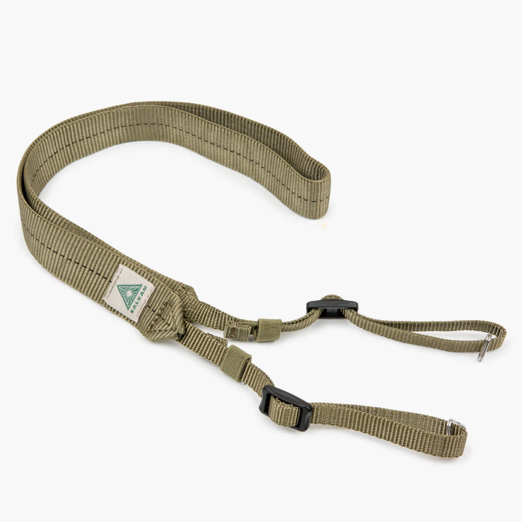 Salkan camera strap in olive green, full length laid out showing the adjustable sliding buckles